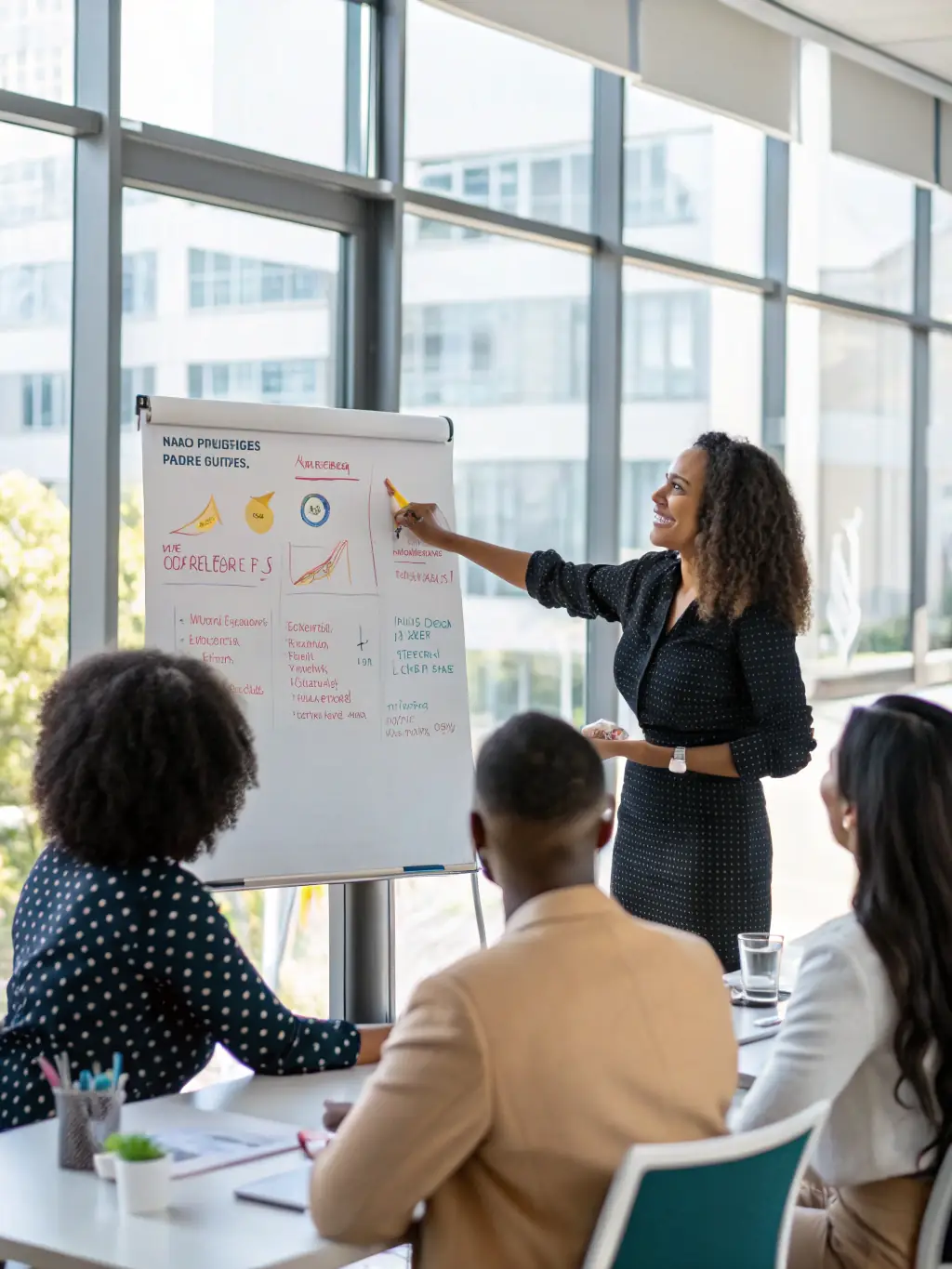 A woman confidently presenting her startup idea to investors, showcasing the potential for growth and success through coaching.