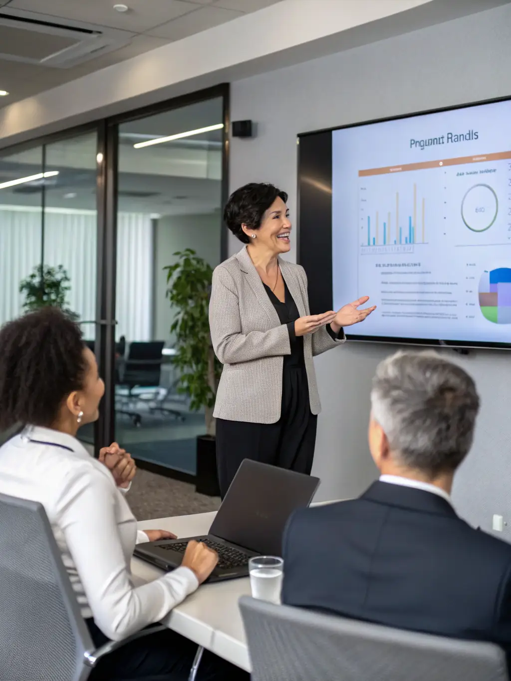 An image of a confident woman leading a team in a modern office setting, symbolizing leadership coaching for women in business.