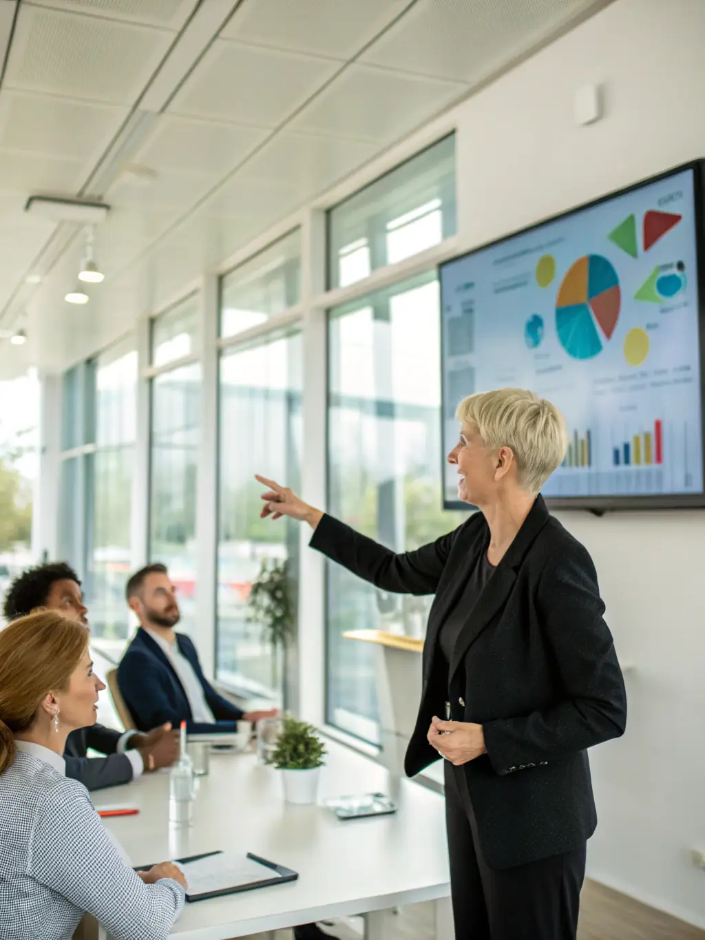 A woman confidently presenting her business plan to potential investors, showcasing the impact of strategic coaching.