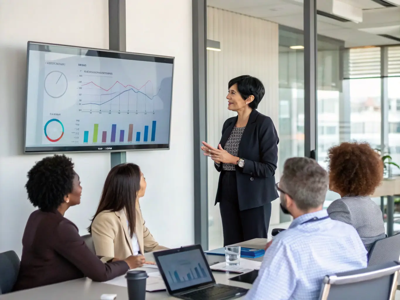 A photograph of a woman confidently presenting her business plan to a group of investors in a modern boardroom, showcasing the impact of Riseuno's coaching.